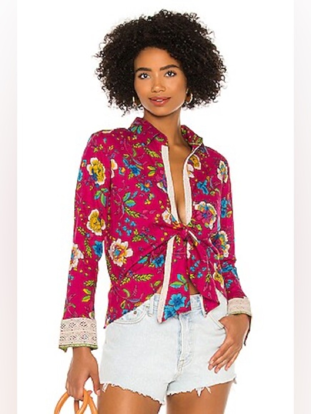 Pitusa Collared Tie Shirt in Fuchsia Floral Print (130)